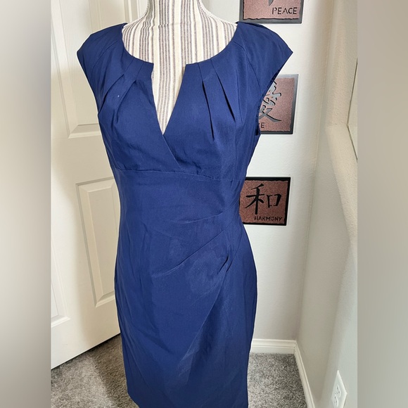 Adrianna Papell $140 Navy Blue Knit Crepe Draped Sleeveless Midi Dress 12 - Picture 8 of 11